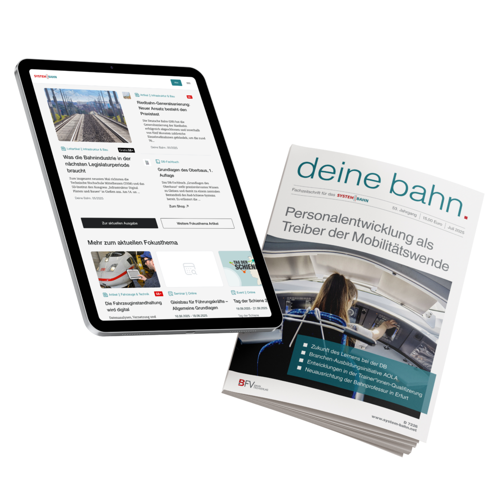 Cover Zeitschrift Deine Bahn und Tablet mit SYSTEM||BAHN - Fachportal für den Schienenverkehr