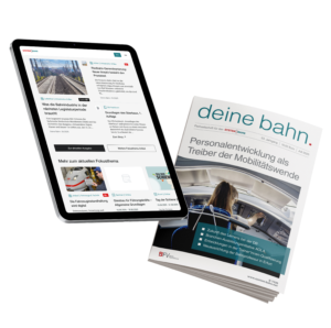Cover Zeitschrift Deine Bahn und Tablet mit SYSTEM||BAHN - Fachportal für den Schienenverkehr